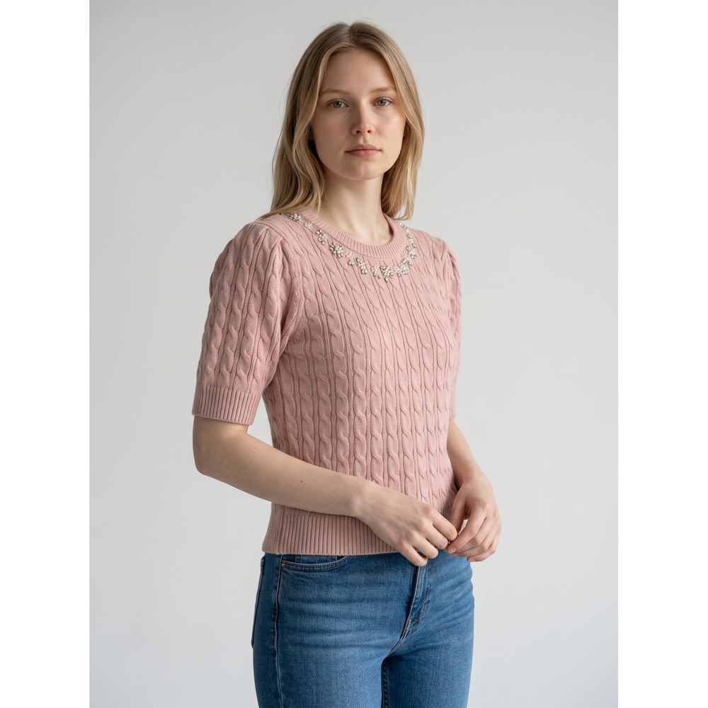 Elie Tahari Womens Pink Cable Knit Embellished Pearl‎ Short Sleeve Sweater XL